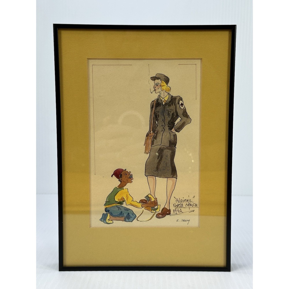 VTG 1942 Algiers North Africa Military Nurse Shoe Shine Watercolor E. Iram Art